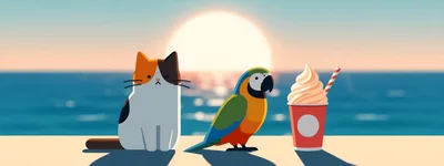 Calico Cat And Macaw Parrot With Ice Cream