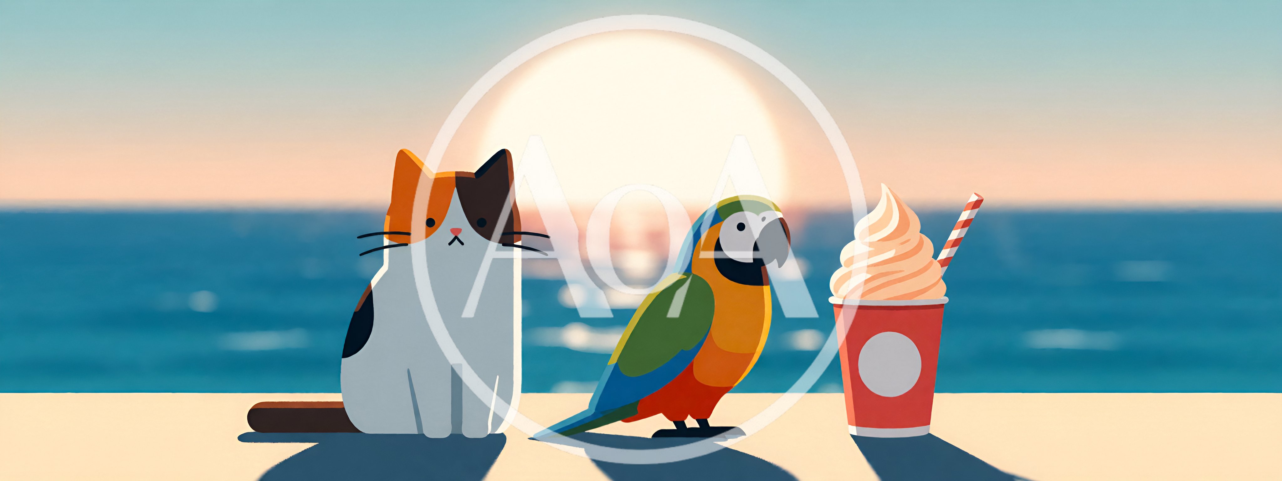Calico Cat And Macaw Parrot With Ice Cream