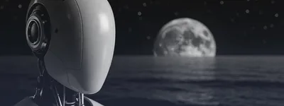 Futuristic Robot Head Looking At A Large Moon Over Water