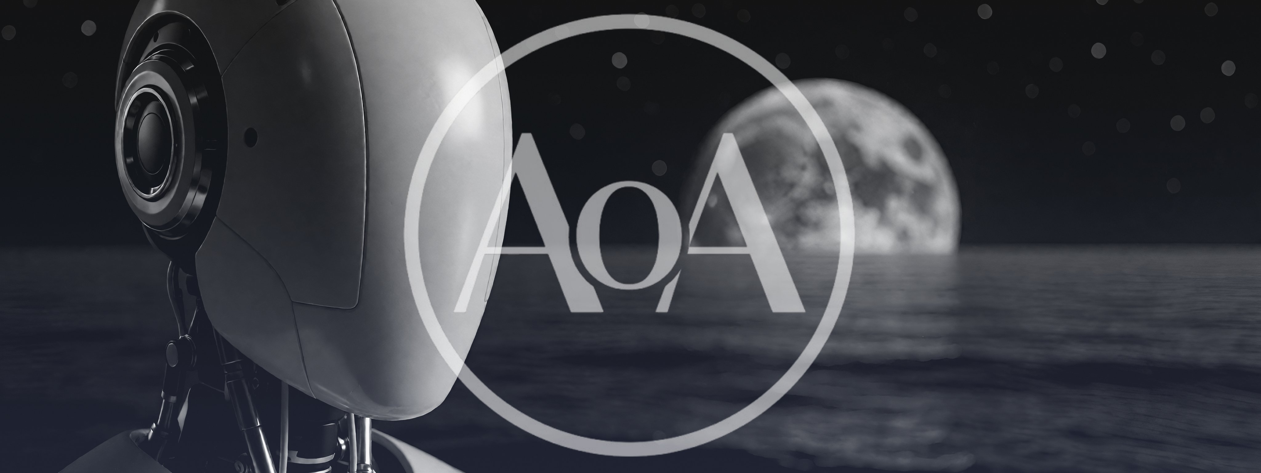 Futuristic Robot Head Looking At A Large Moon Over Water