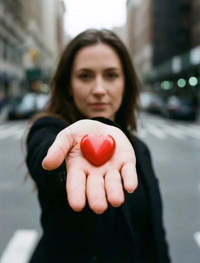 Woman Holding A Small Red Heart In Her Palm