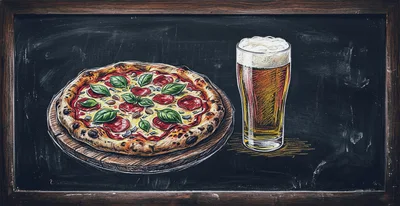 Chalkboard Drawing Of Pizza And Beer