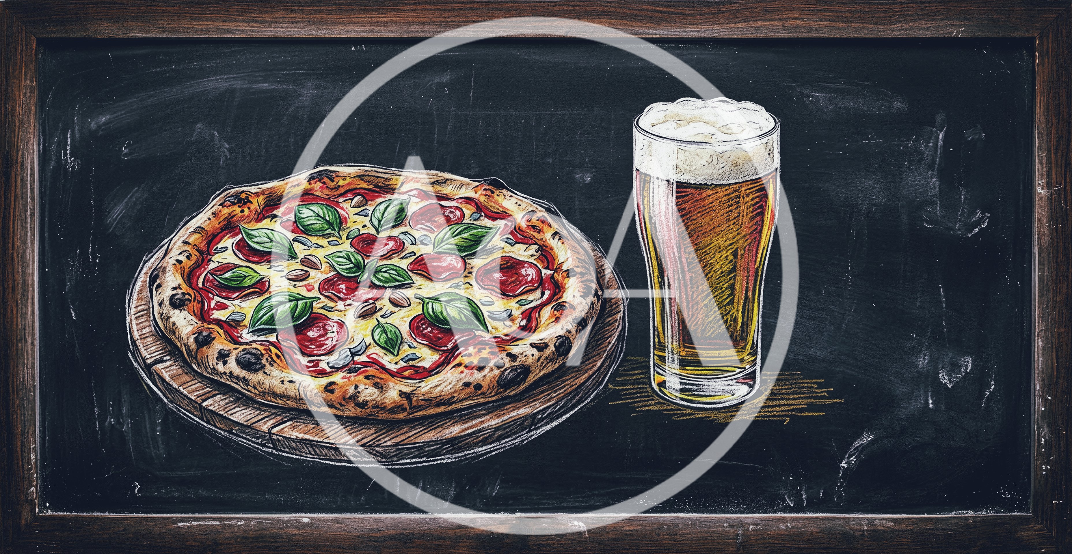 Chalkboard Drawing Of Pizza And Beer