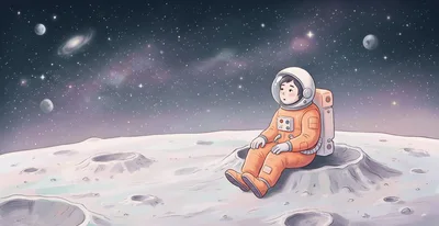 Cute Boy Astronaut Sitting On The Moon Surface
