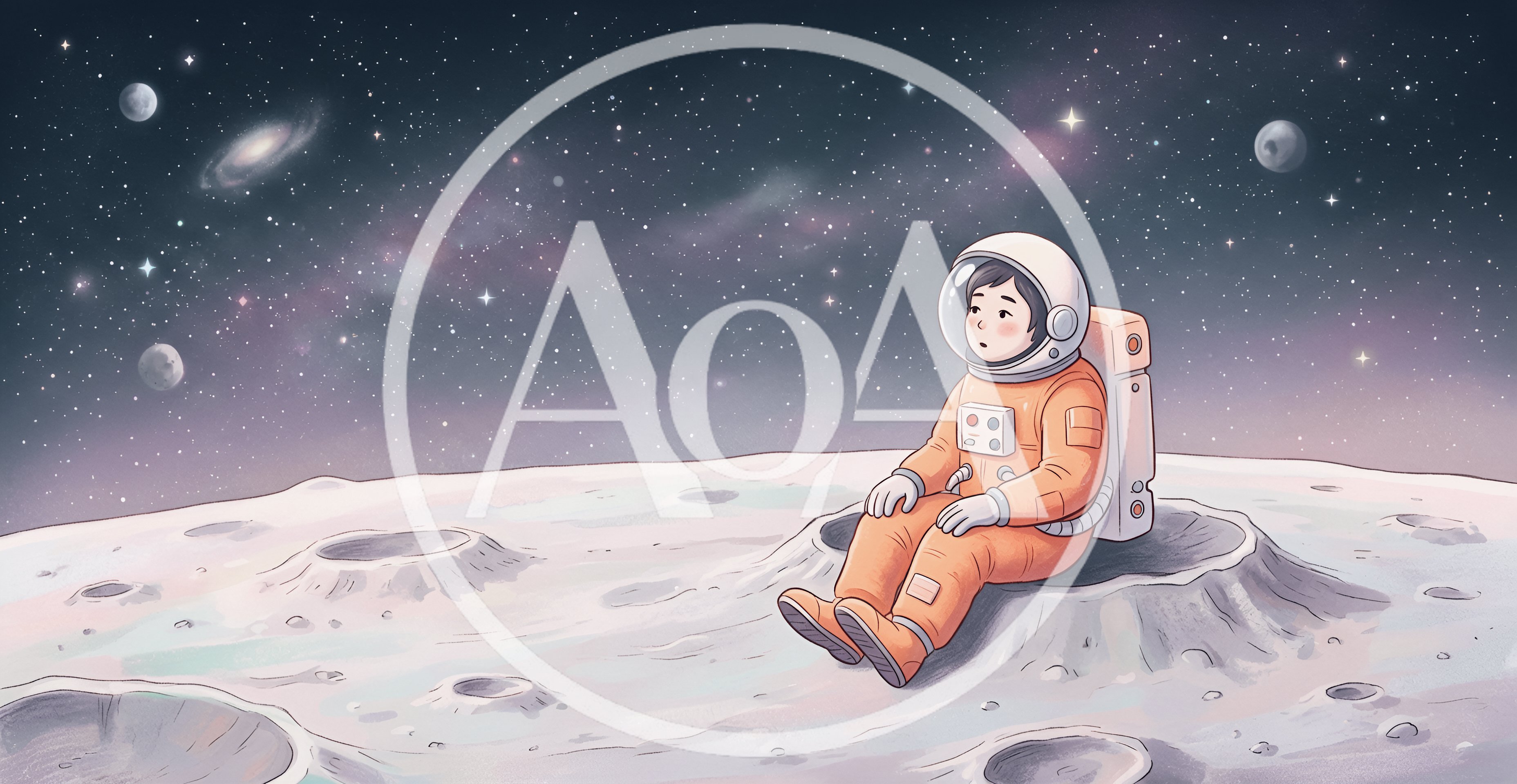 Cute Boy Astronaut Sitting On The Moon Surface