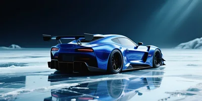 Electric Blue Sports Car Parked On Frozen Lake Surface