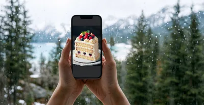 Person Holding Smartphone Displaying A Berry Cake Image