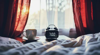 Morning Coffee And Alarm Clock On Bedside Table