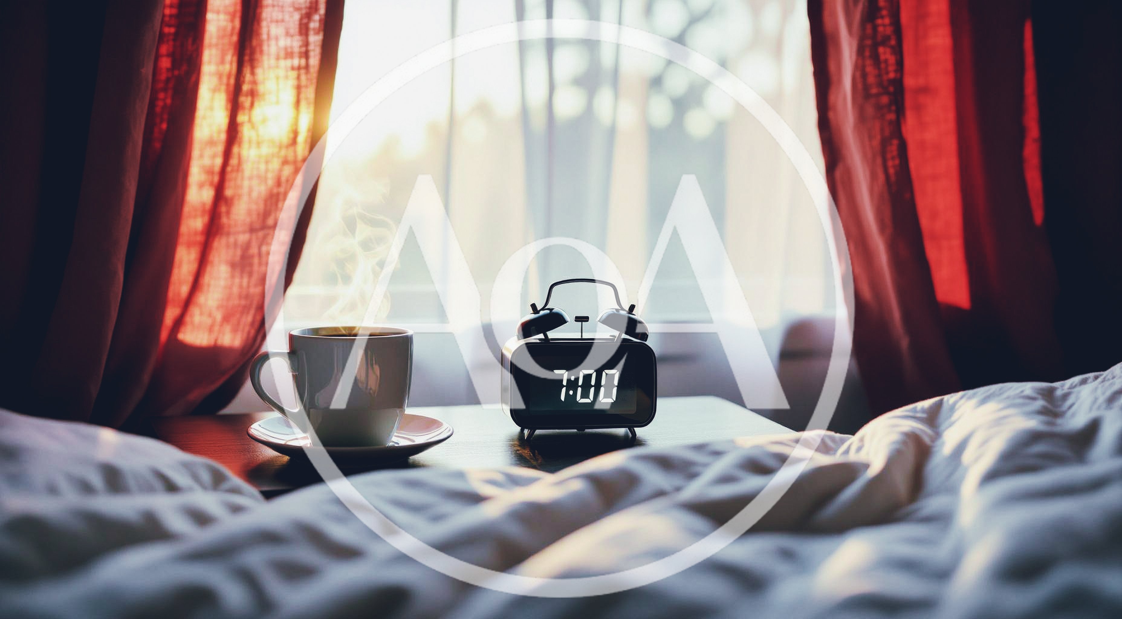 Morning Coffee And Alarm Clock On Bedside Table