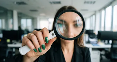 Businesswoman Looking Through Magnifying Glass In Office