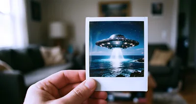 Hand Holding A Polaroid Photo Of A UFO