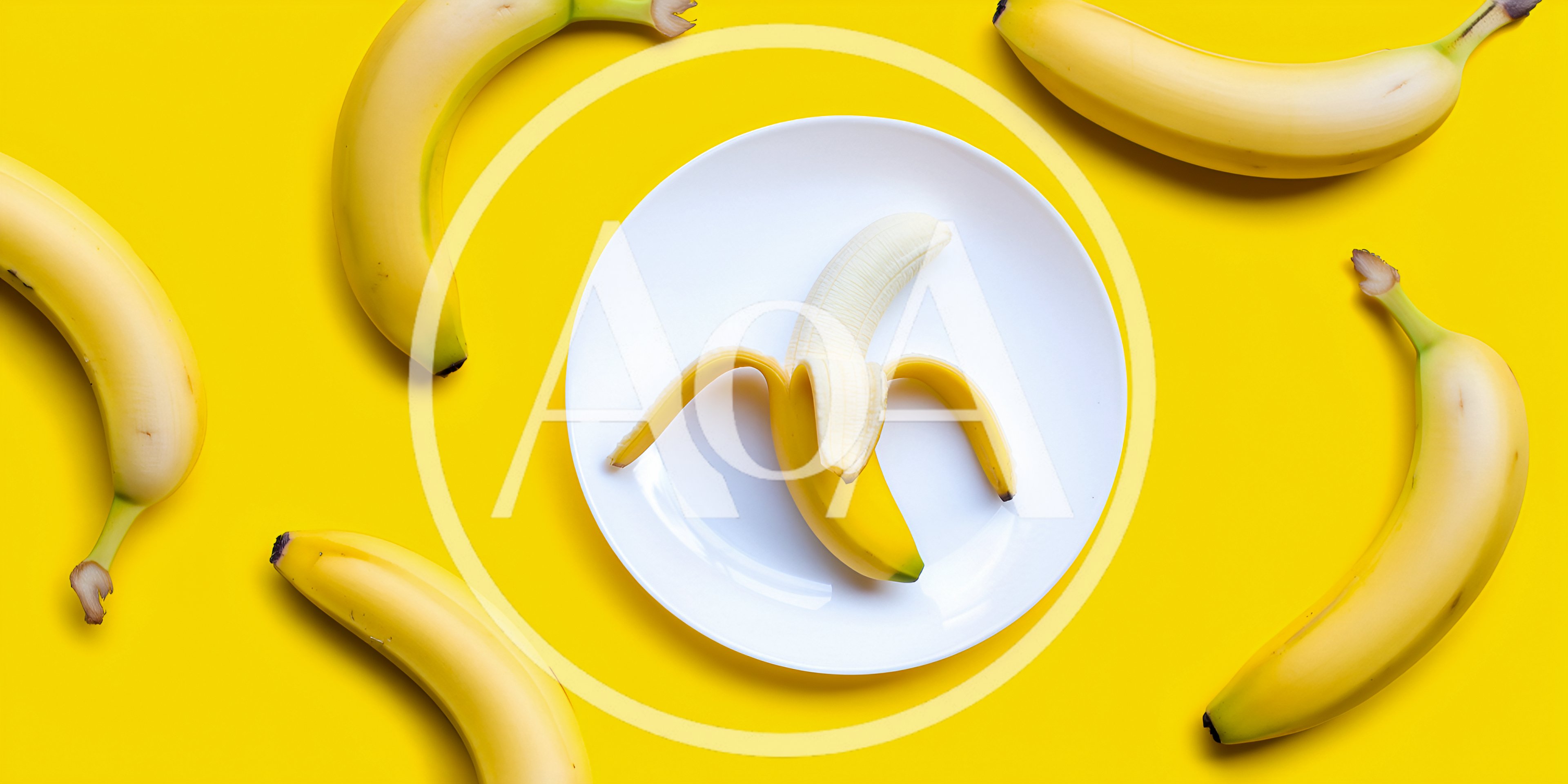 Peeled Banana On A White Plate Surrounded By Whole Bananas