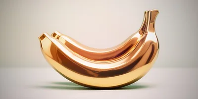 Two Shiny Metallic Gold Bananas On A Neutral Background