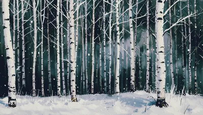 Snow Falling In A Dense Birch Forest