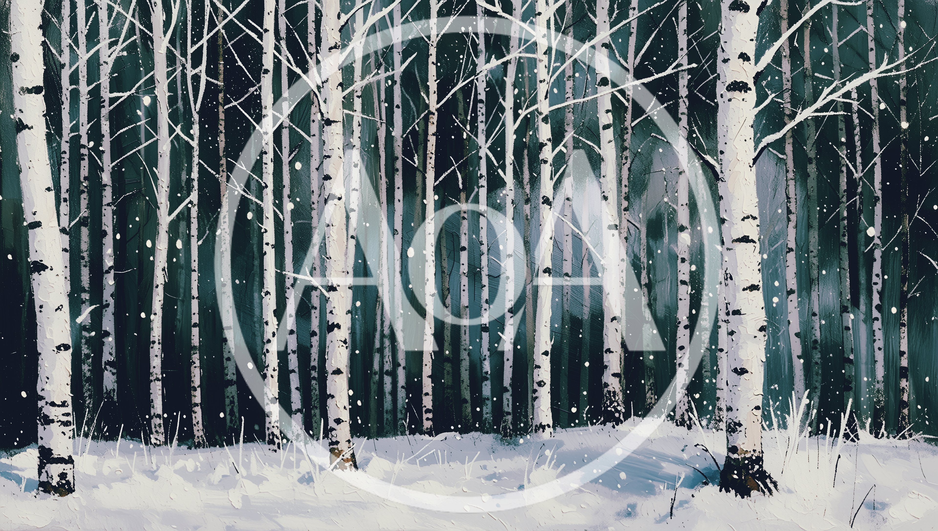 Snow Falling In A Dense Birch Forest
