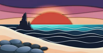 Paper Cutout Style Sunset Seascape Illustration