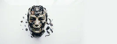 Damaged Robotic Humanoid Head On White Background