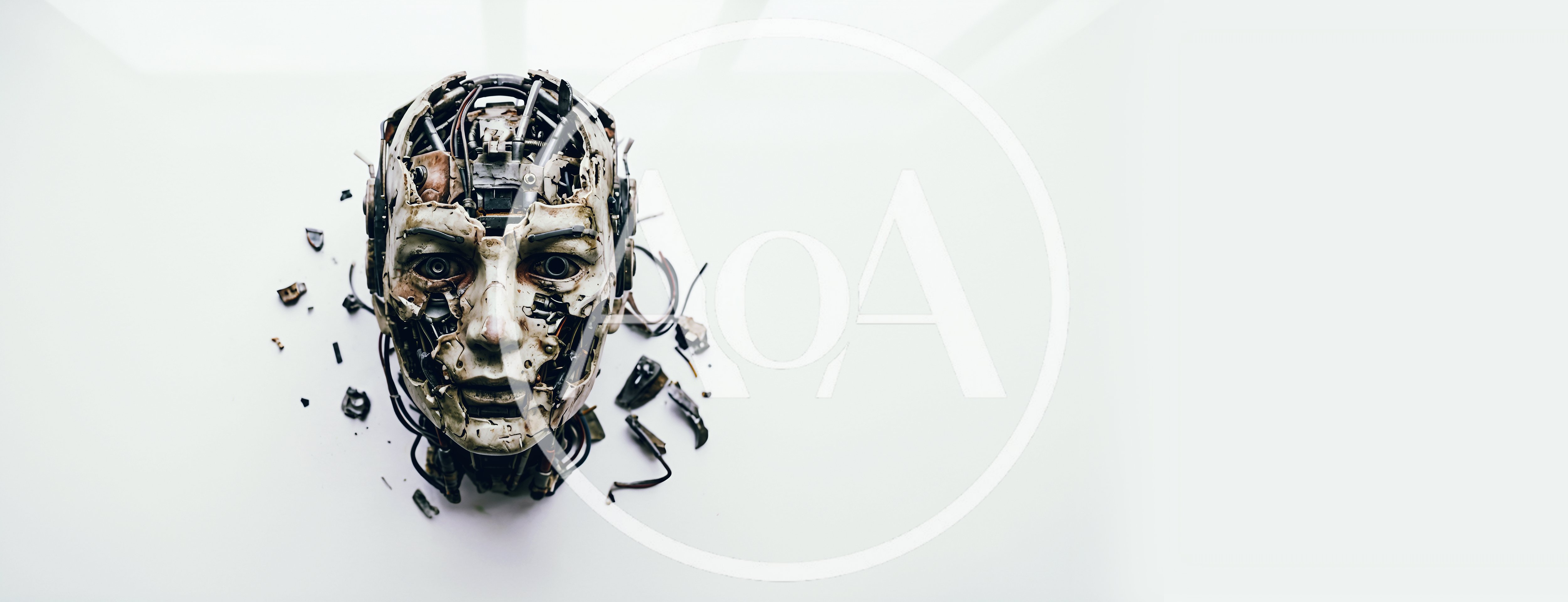 Damaged Robotic Humanoid Head On White Background