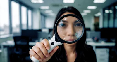 Businesswoman Looking Through Magnifying Glass In Office
