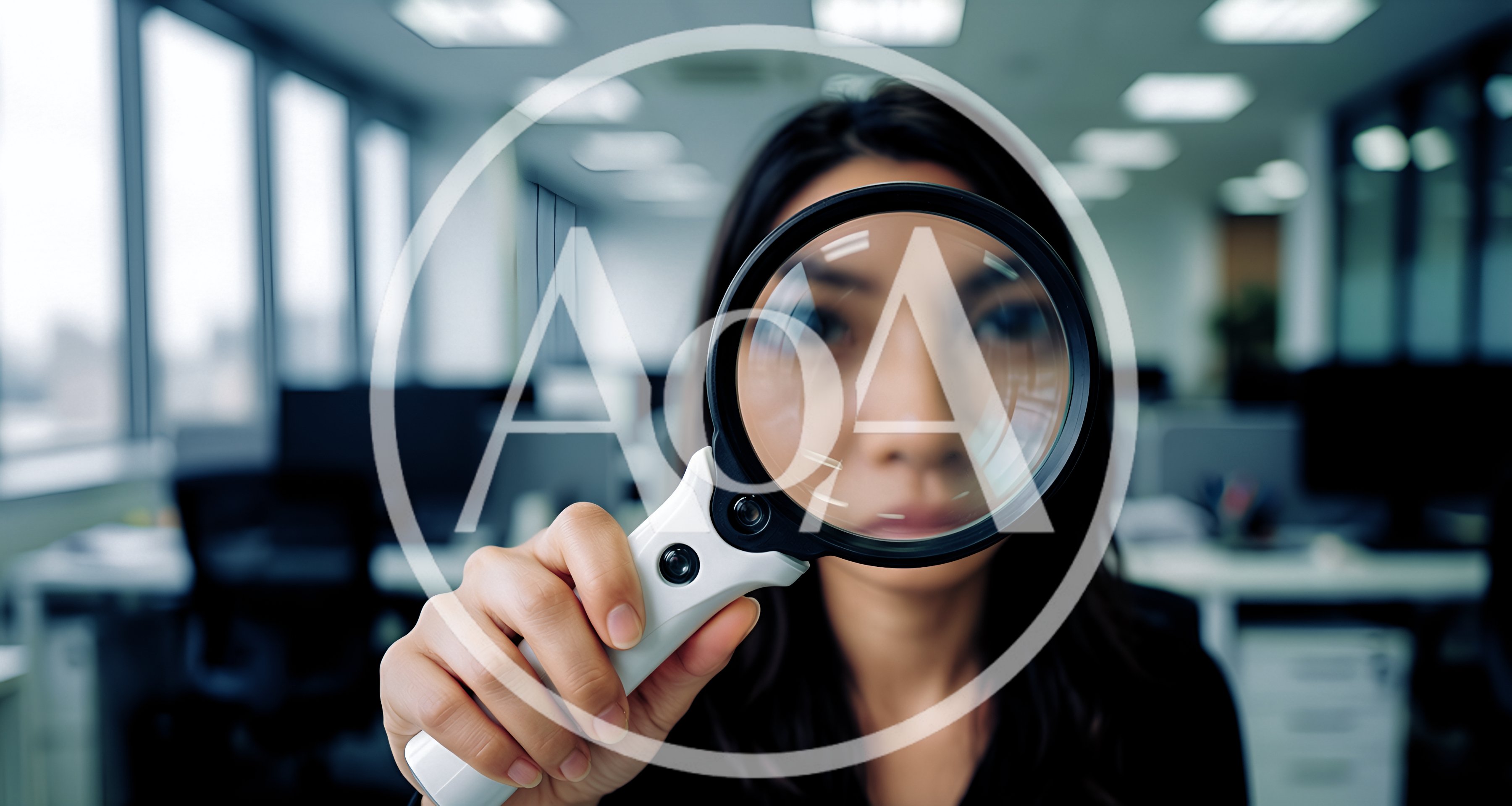 Businesswoman Looking Through Magnifying Glass In Office