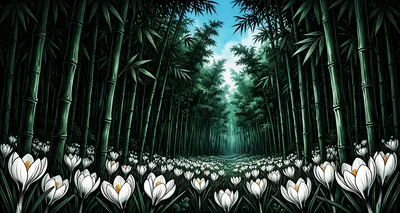 White Crocus Flowers in a Lush Bamboo Forest