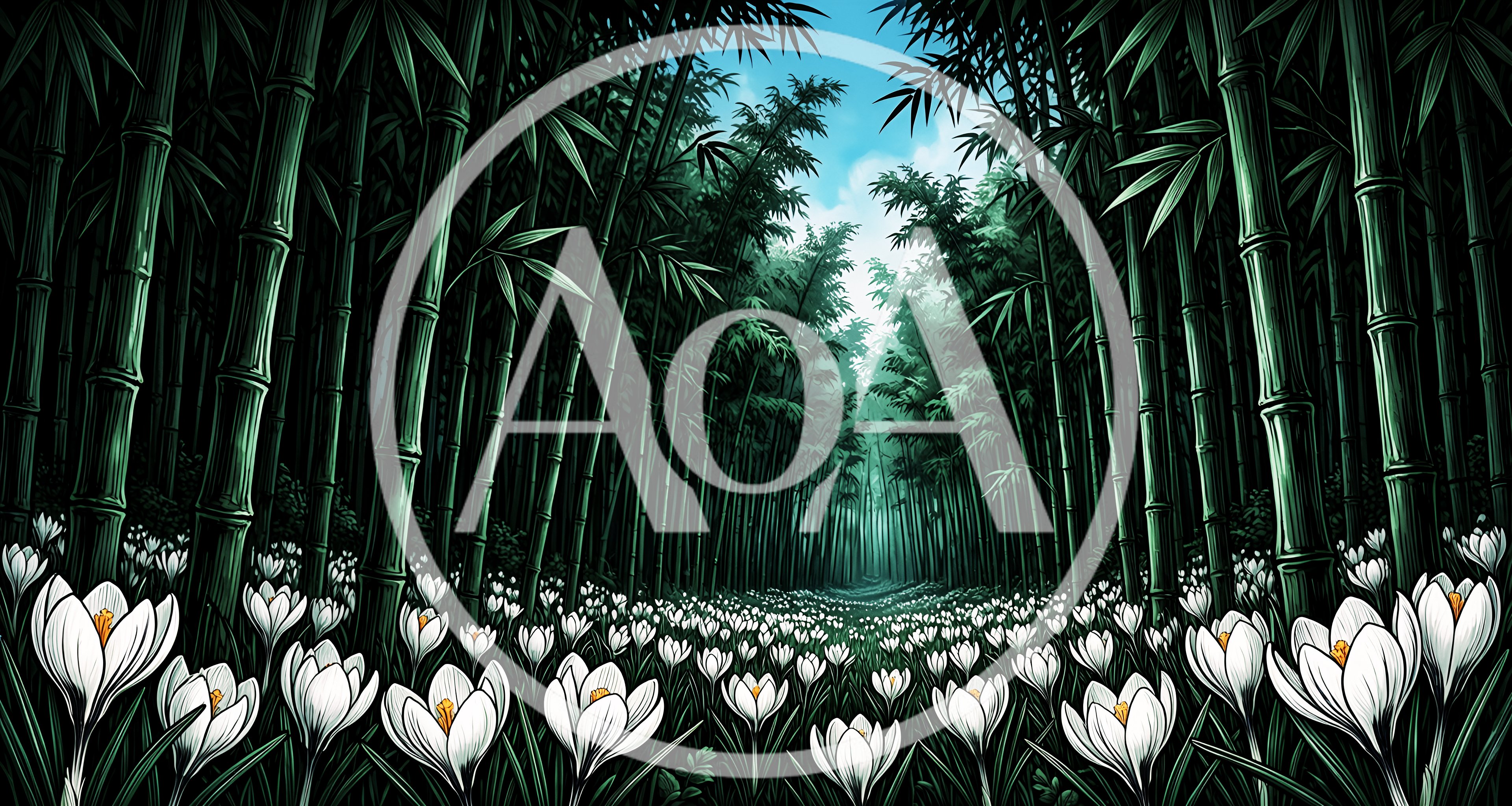 White Crocus Flowers in a Lush Bamboo Forest
