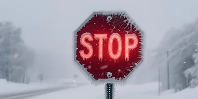 Illuminated Stop Sign Covered In Ice During Winter Storm