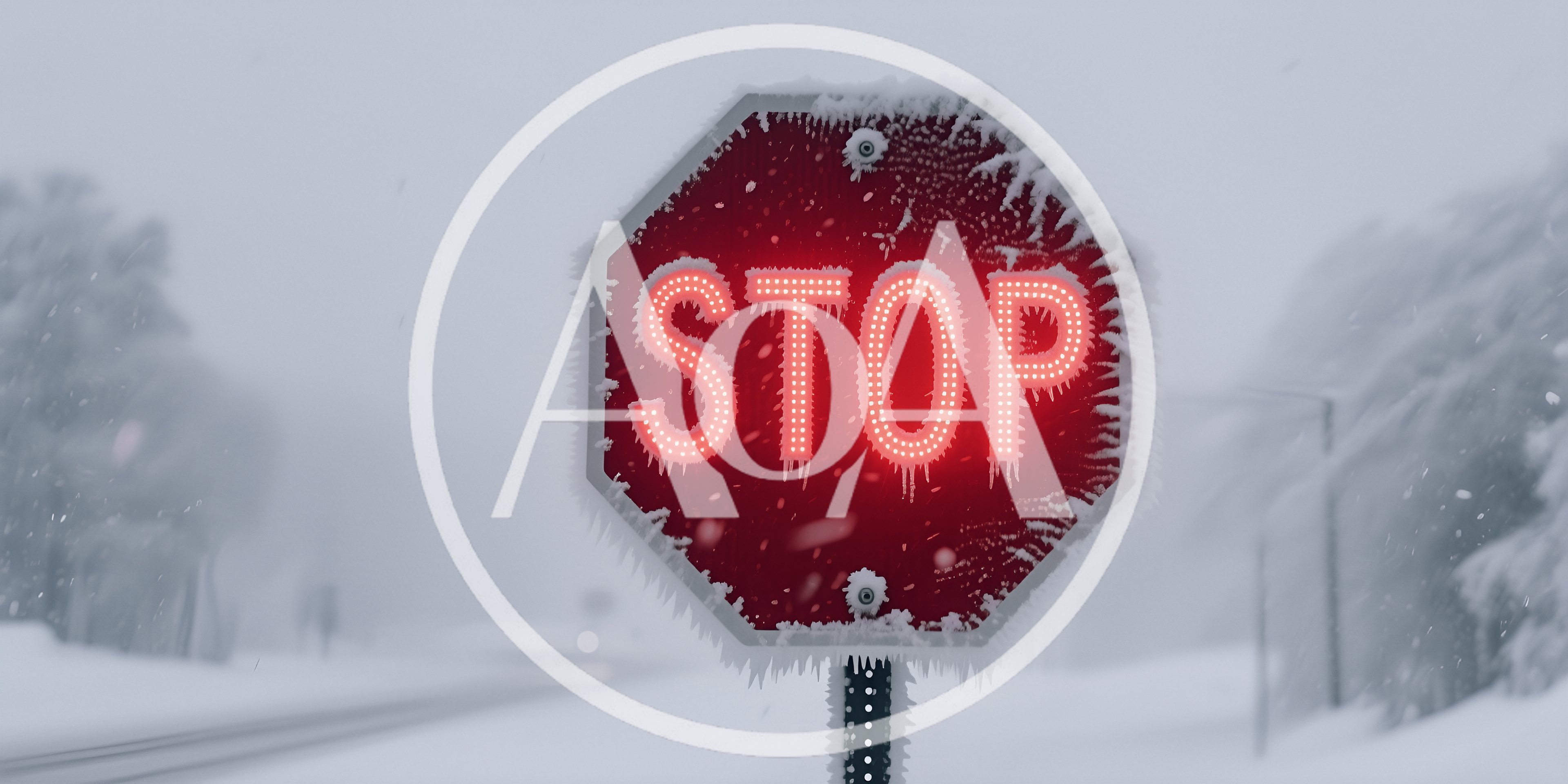 Illuminated Stop Sign Covered In Ice During Winter Storm