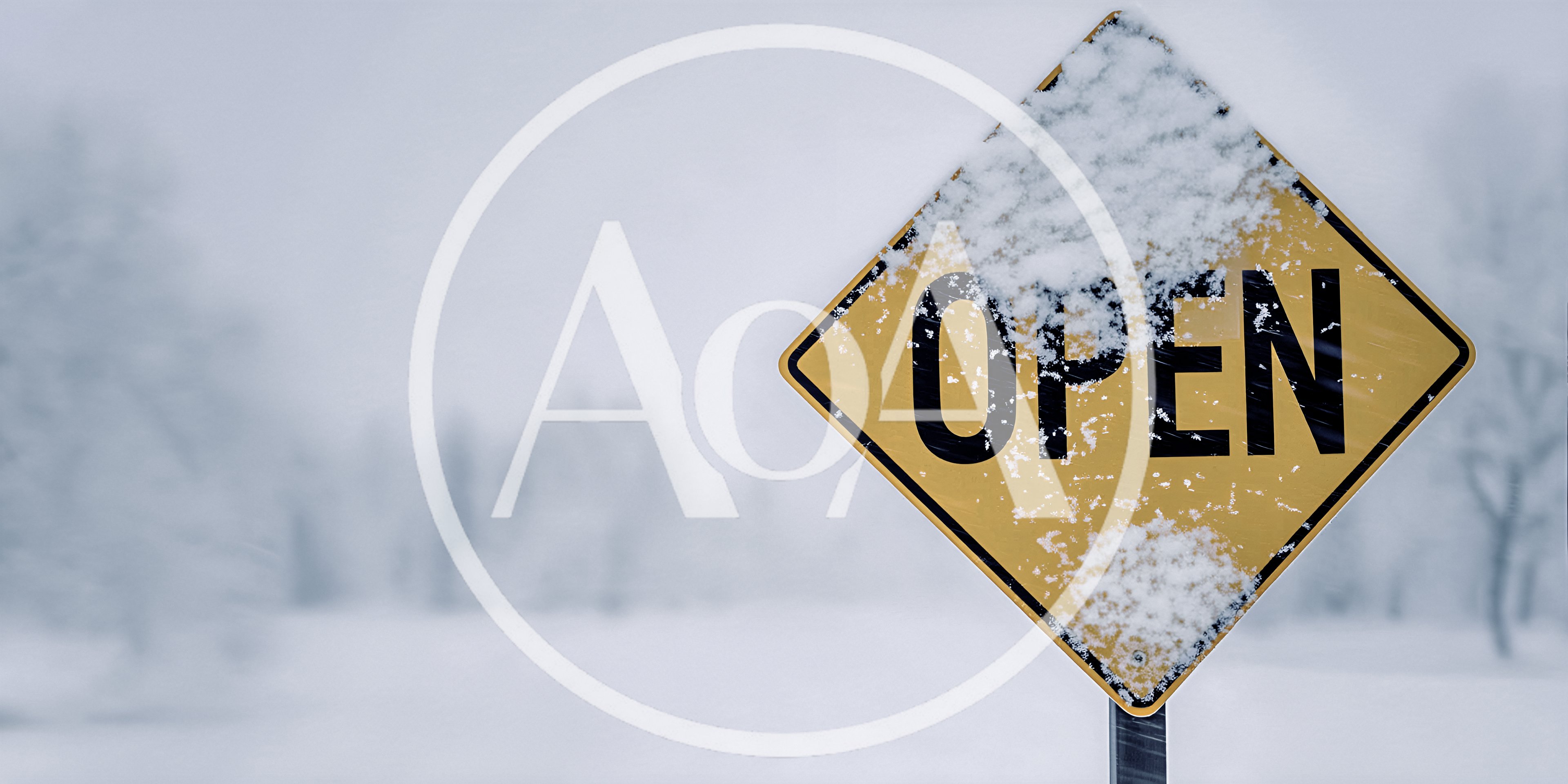 Yellow Open Sign Covered In Winter Snow