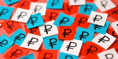 Russian Ruble Currency Symbols on Colorful Paper Notes