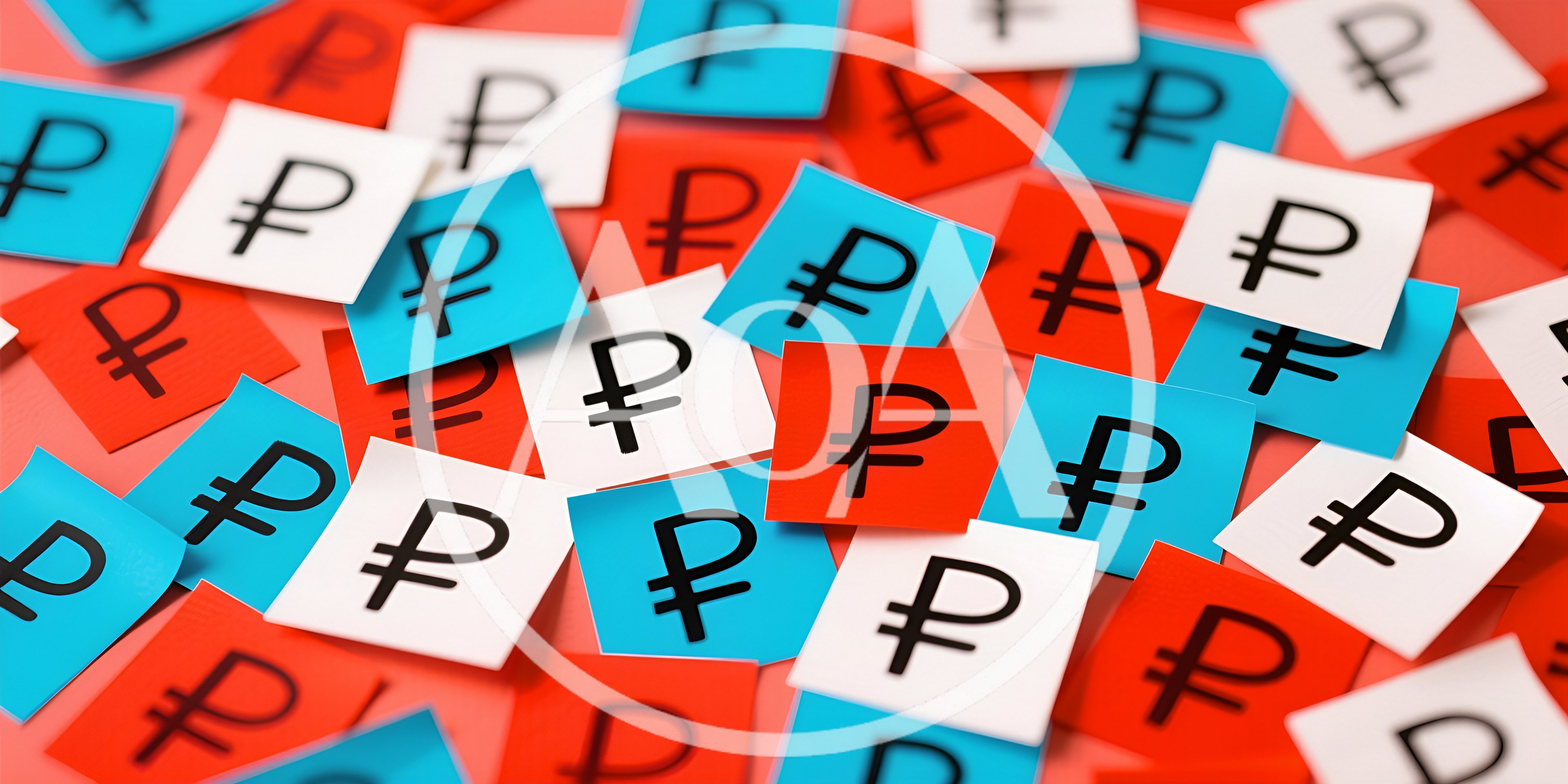 Russian Ruble Currency Symbols on Colorful Paper Notes