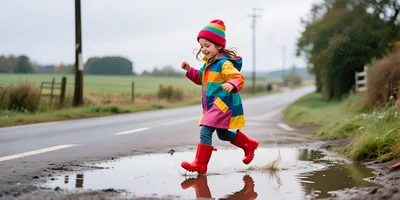 Little Girl Jumping in Puddle on Country Road