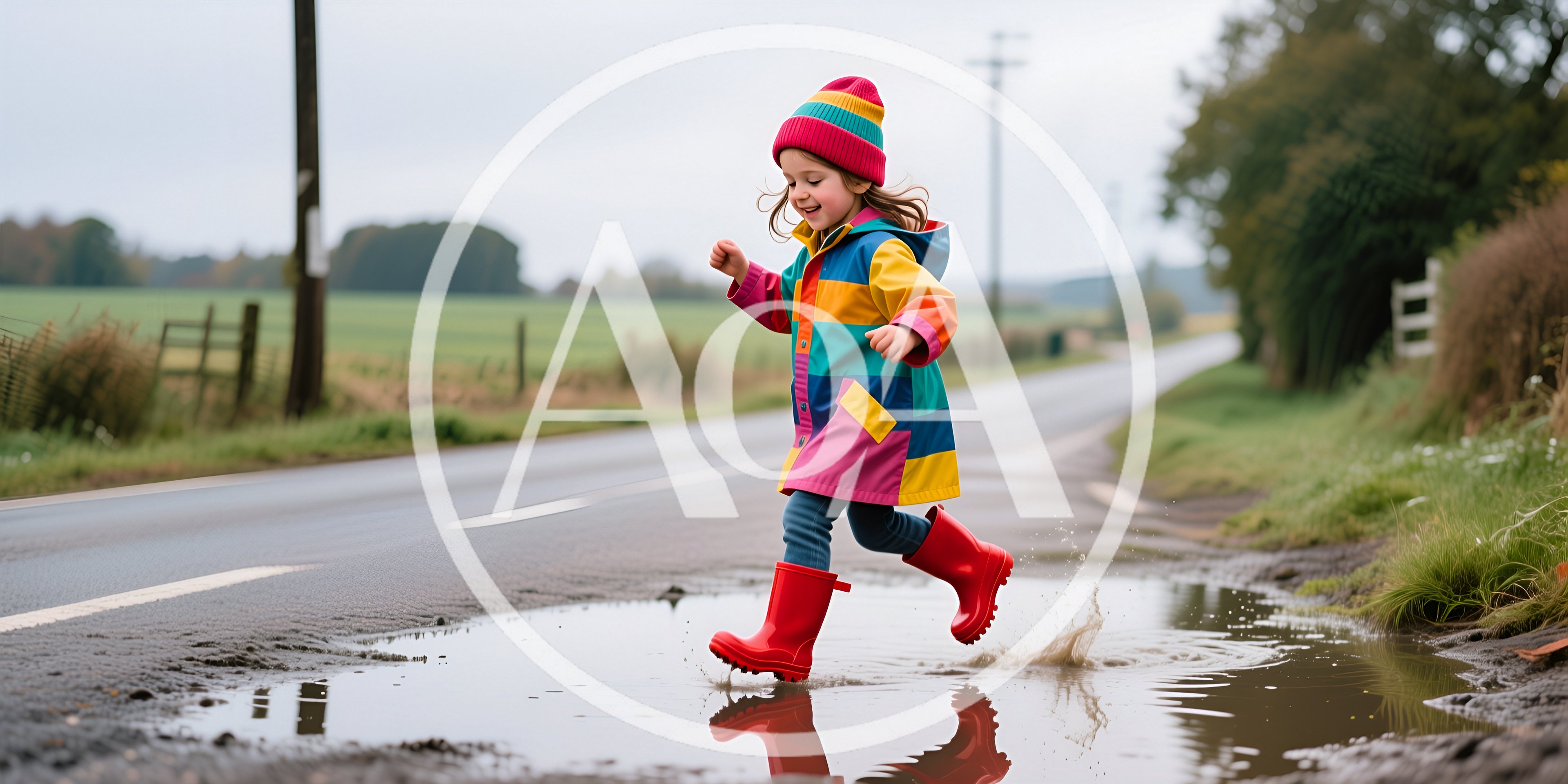 Little Girl Jumping in Puddle on Country Road