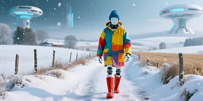 Robot Walking Through Snowy Rural Landscape