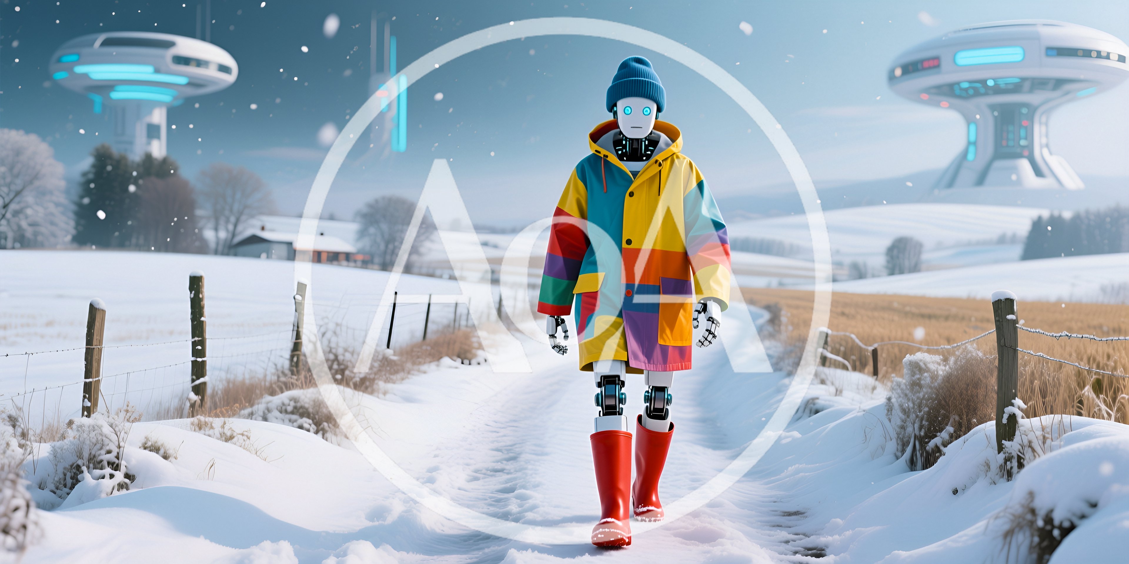 Robot Walking Through Snowy Rural Landscape