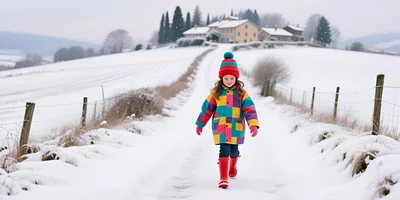 Little Girl Walking Along Snowy Country Path