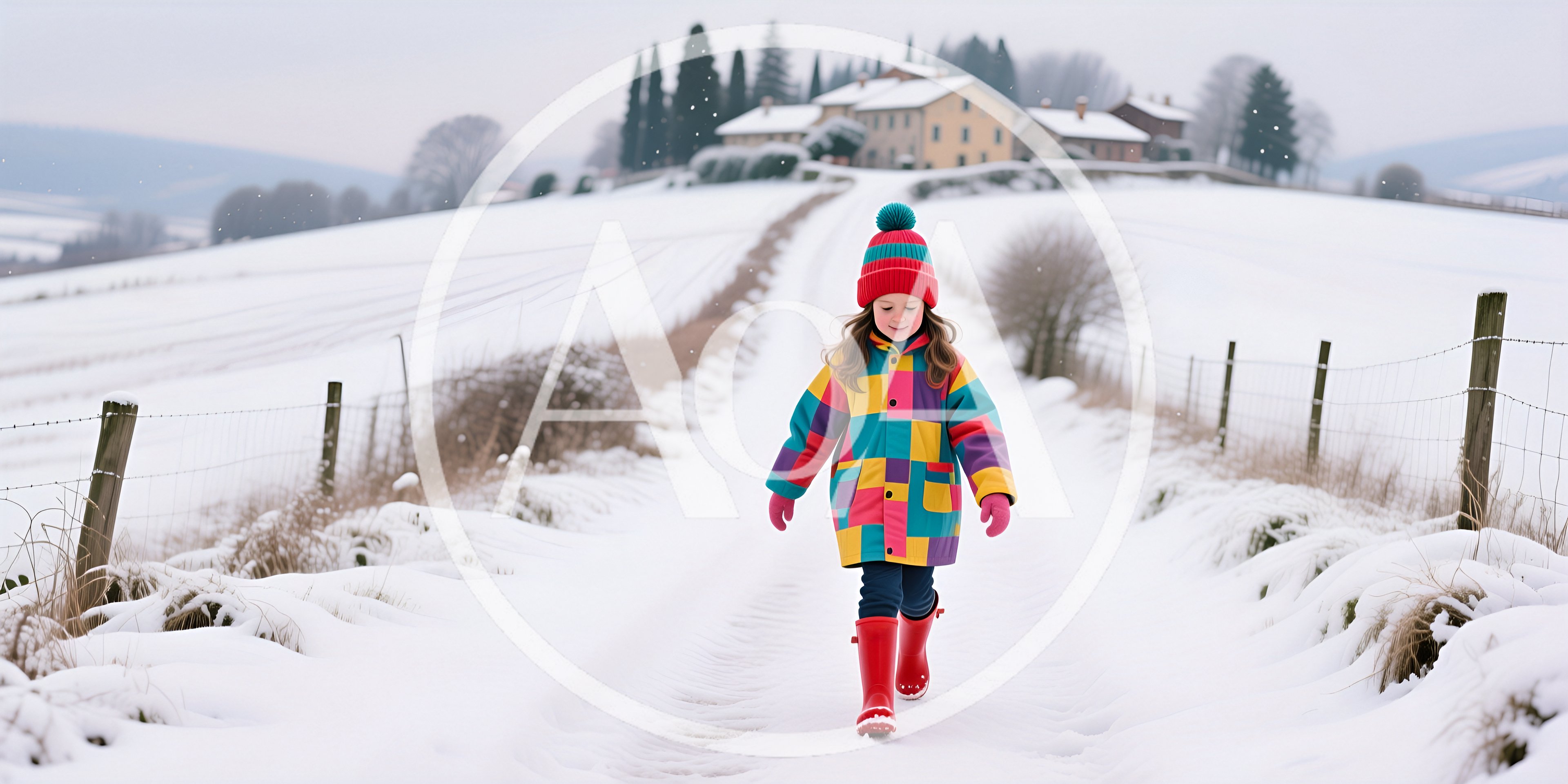 Little Girl Walking Along Snowy Country Path