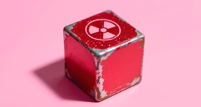 Worn Red Cube With Radioactive Symbol On Pink Background