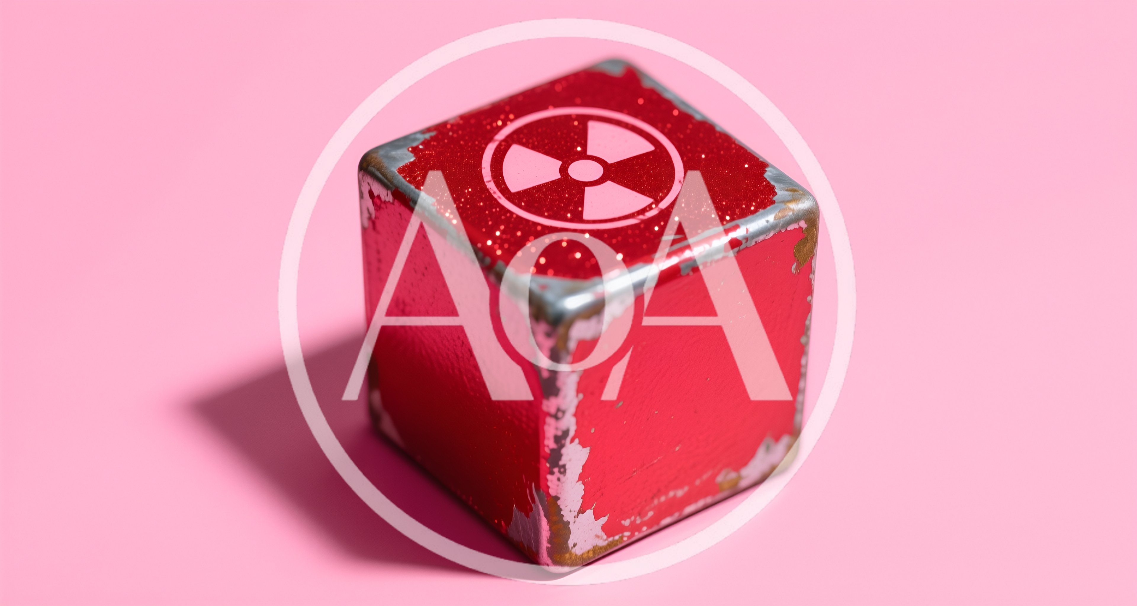 Worn Red Cube With Radioactive Symbol On Pink Background