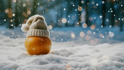 Orange Pumpkin Wearing A Knitted Winter Hat In Snow