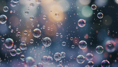 Floating Transparent Soap Bubbles Against Bokeh Background