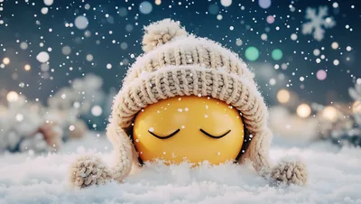 Yellow Sleeping Emoji Wearing A Knitted Winter Hat In Snow