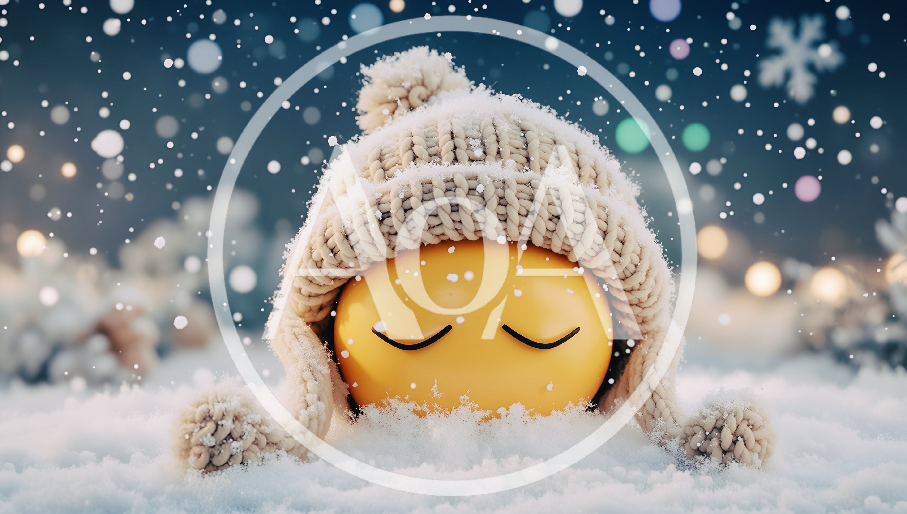 Yellow Sleeping Emoji Wearing A Knitted Winter Hat In Snow