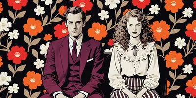 Vintage Couple Sitting Against Floral Wallpaper