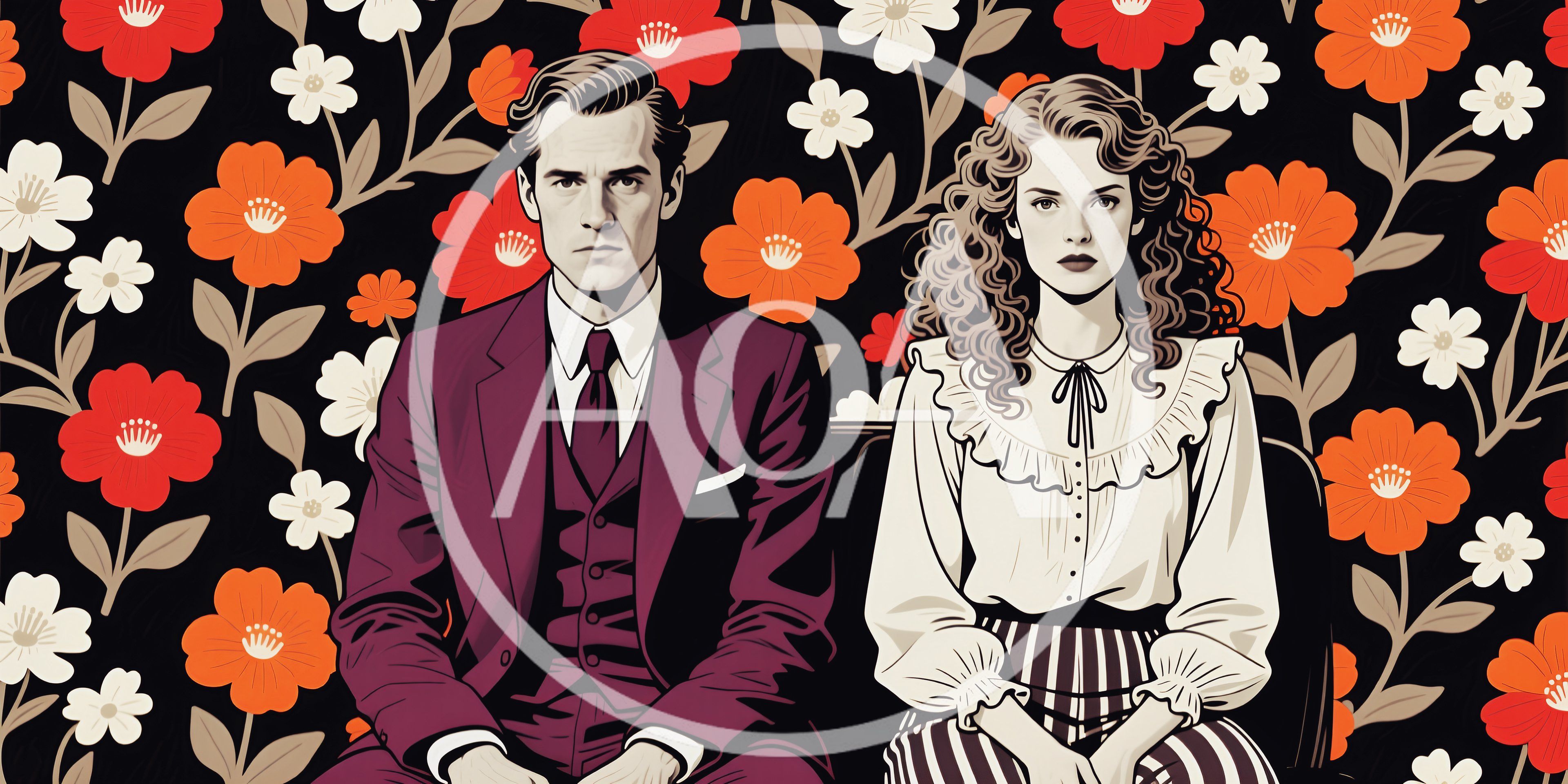 Vintage Couple Sitting Against Floral Wallpaper