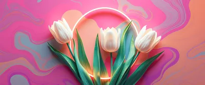 Three White Tulips With Neon Ring On Abstract Background