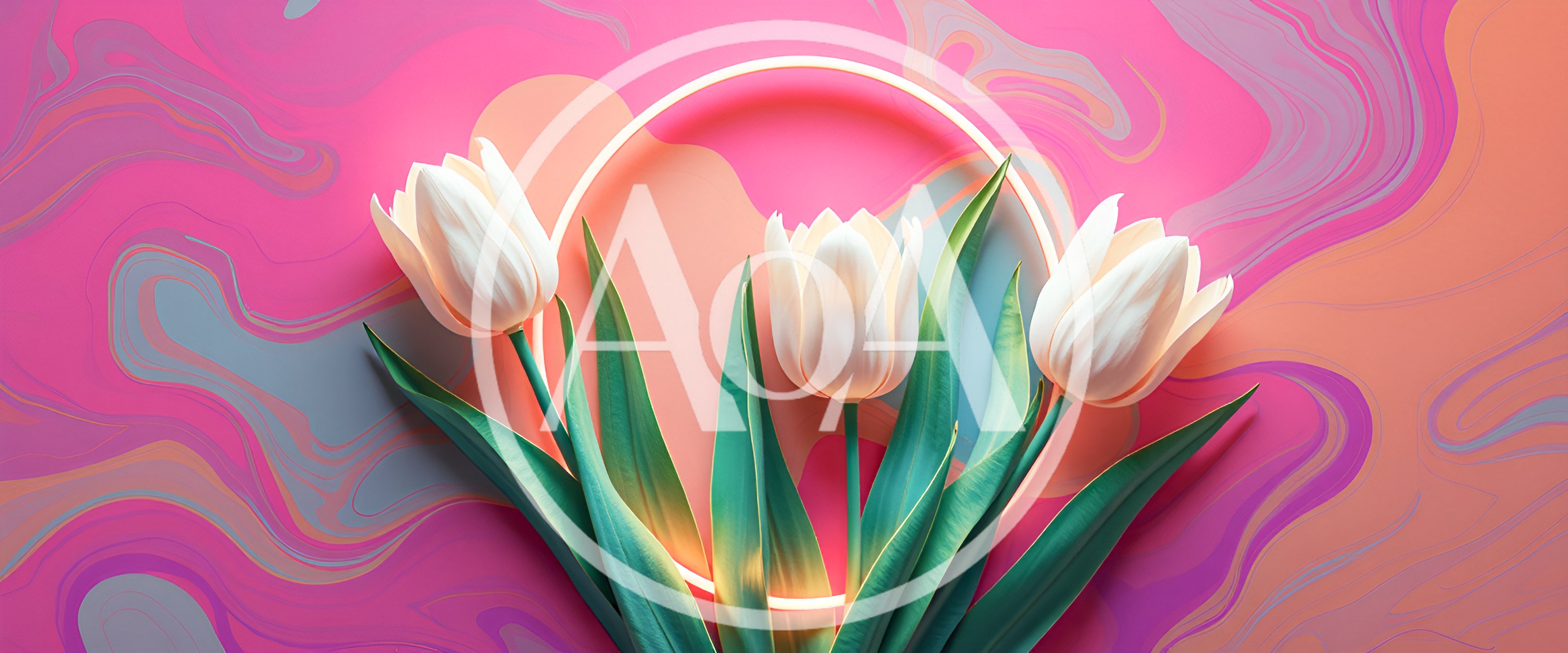Three White Tulips With Neon Ring On Abstract Background