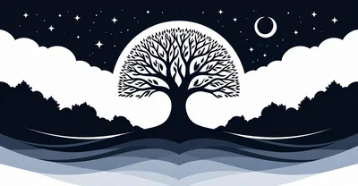 Stylized Silhouette Tree Against A Full Moon Night Sky