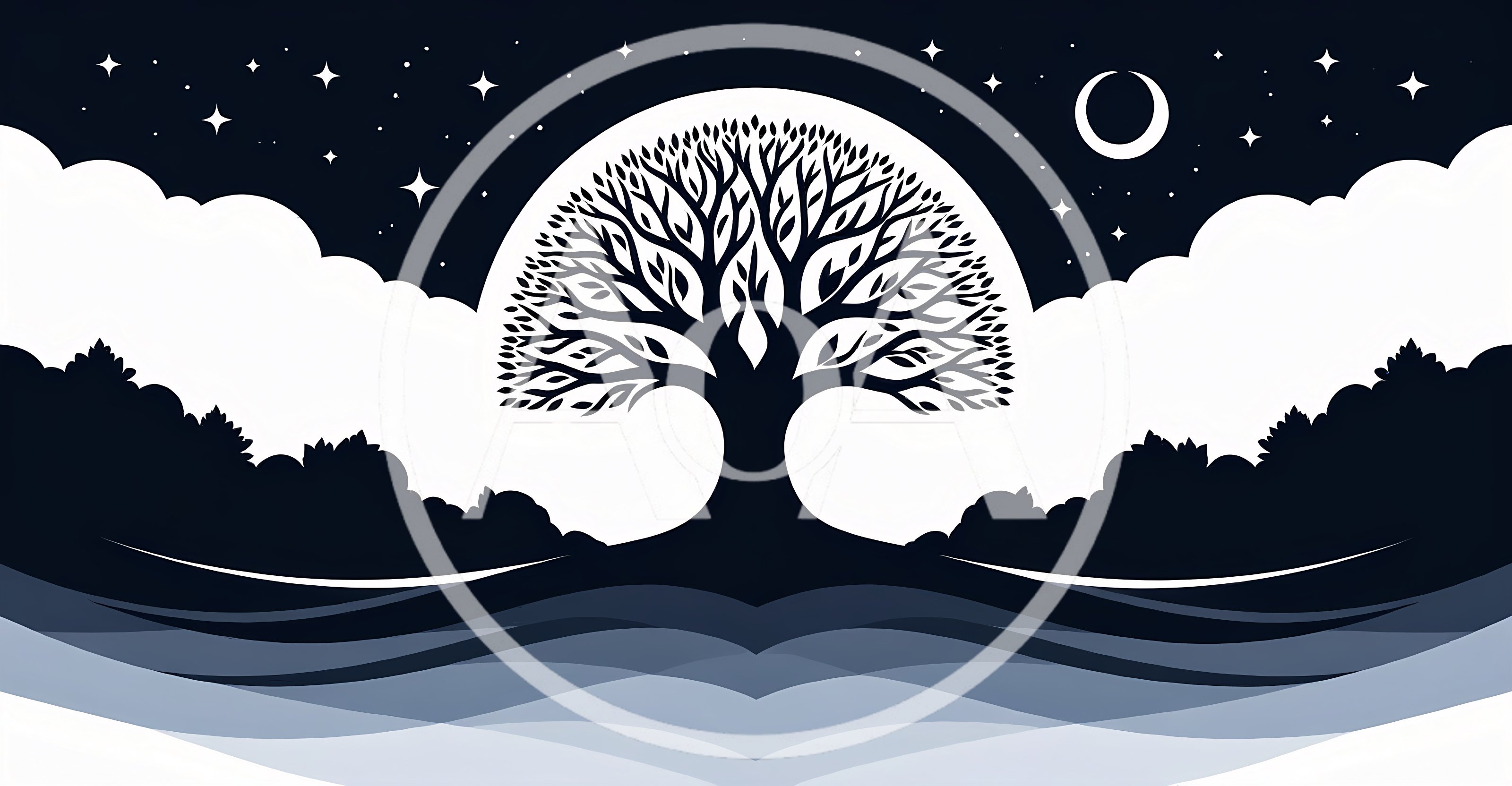 Stylized Silhouette Tree Against A Full Moon Night Sky