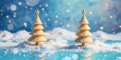 Two Wooden Christmas Trees In Snowy Landscape